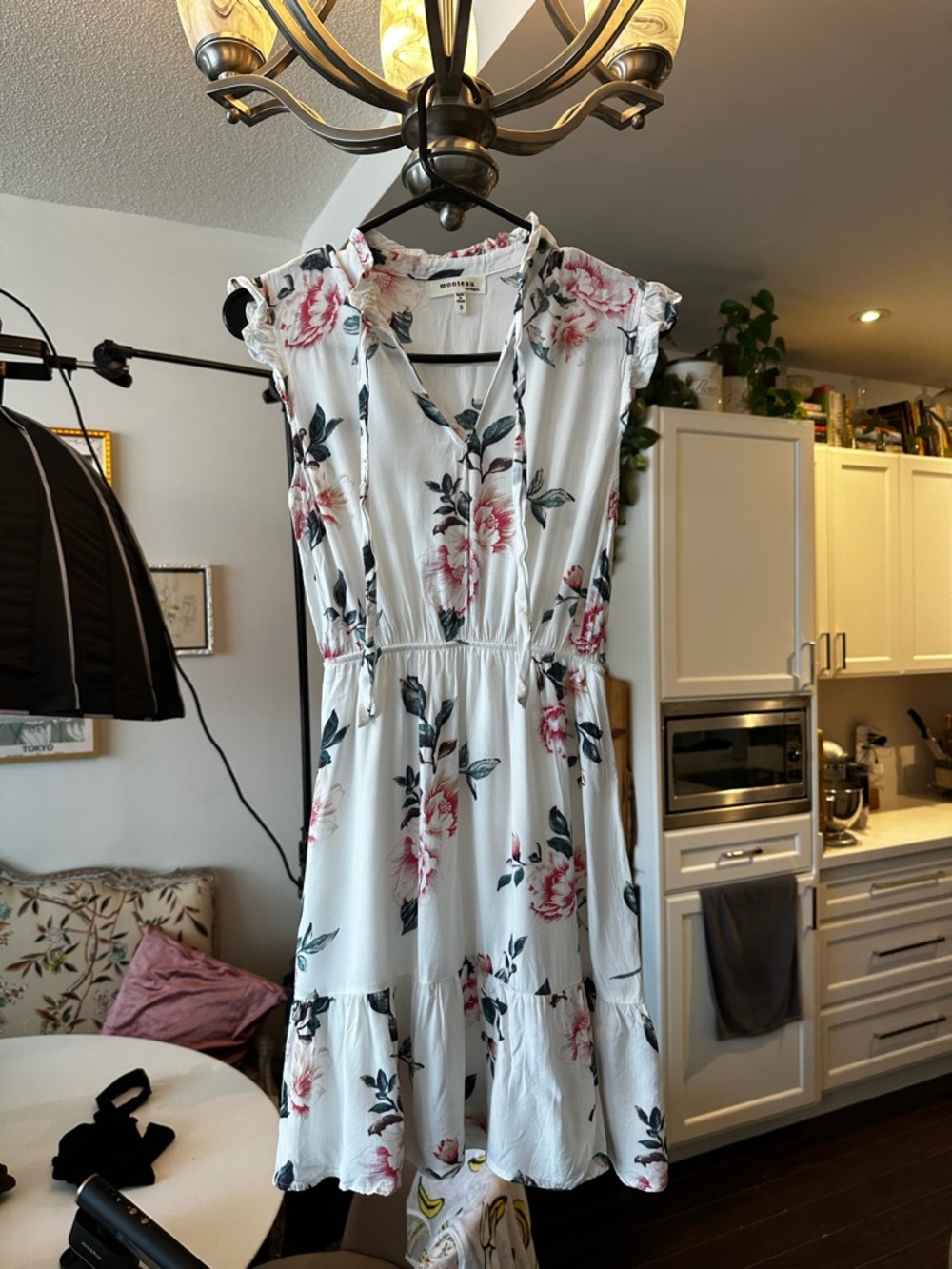Sleeveless Floral Midi Dress in White with Pink Roses
